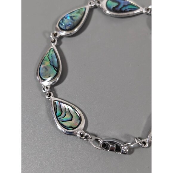 Beachy Coastal Blue Abalone Shell Teardrop Chain Bracelet Silver Tone 7" - Picture 5 of 6